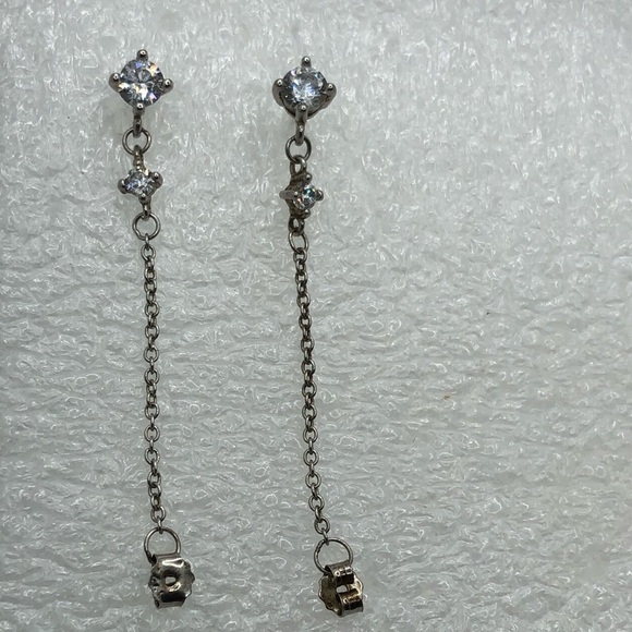 STERLING Silver & Cz Stones Stud Earrings w Chain Attached to Backing .7” - Picture 2 of 6